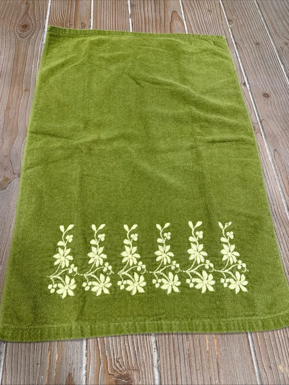 MCM Dundee Golden Crown Towel Set 3pc Avocado Green Floral Vine Retro Cotton USA
